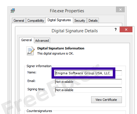 Screenshot of the Enigma Software Group USA, LLC. certificate